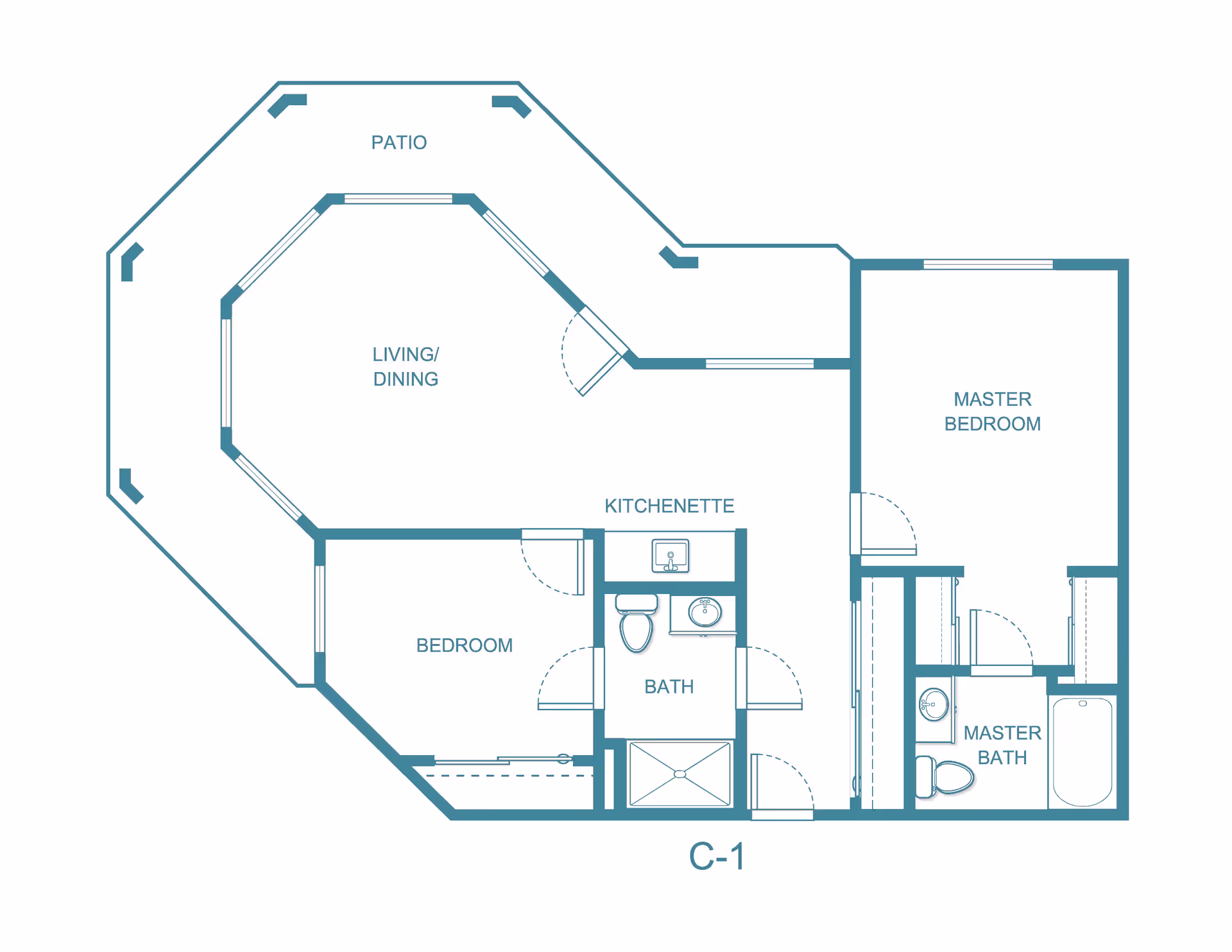 Architectural floor plan of a residential unit at Asher Point Independent Living of Tyler, showing a patio, living/dining area, kitchenette, bedroom, bath, master bedroom, and master bath.