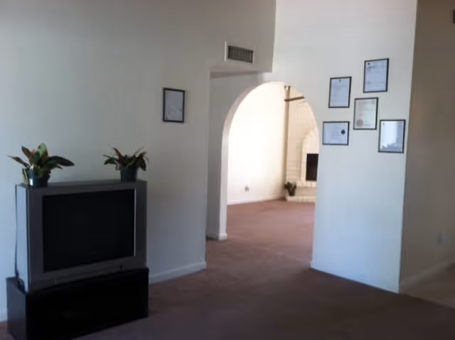 Interior view of a living space with a television on a stand topped with two potted plants. There is an arched doorway leading to another room with a fireplace. Several framed certificates or documents are hung on the wall near the archway.