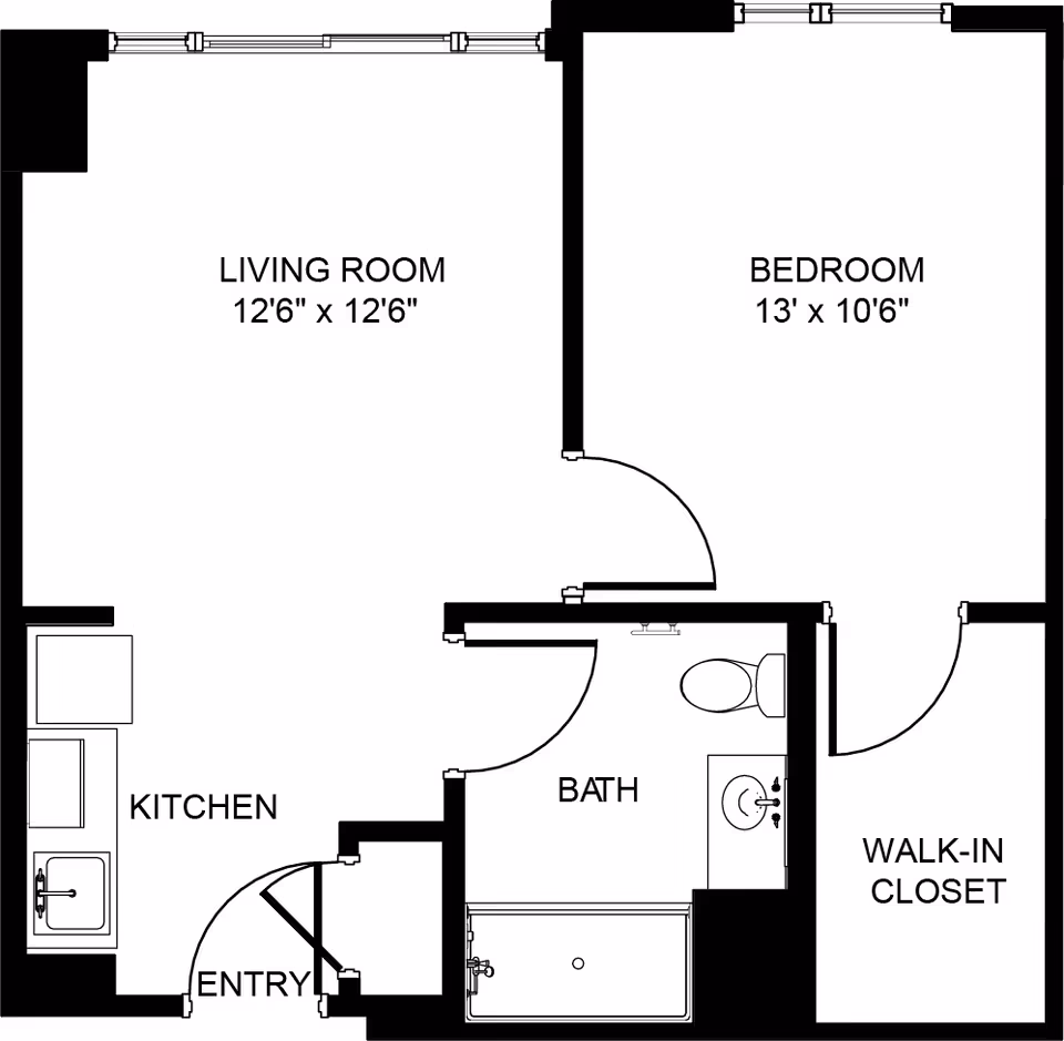 Floor plan of a one-bedroom apartment showing a living room, bedroom, kitchen, bathroom, entry, and walk-in closet with dimensions for the living room and bedroom.