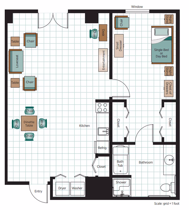 Floor plan of a senior living apartment at Belmont Village Senior Living Turtle Creek showing an entry area with washer and dryer, a kitchen with refrigerator, stove, and sink, a living room with loveseat, chairs, tables, and entertainment area, a bedroom with a single bed or day bed, night stands, chest of drawers, small dresser, and chair, and a bathroom with bathtub, shower, toilet, and sink. Multiple closets are also indicated.