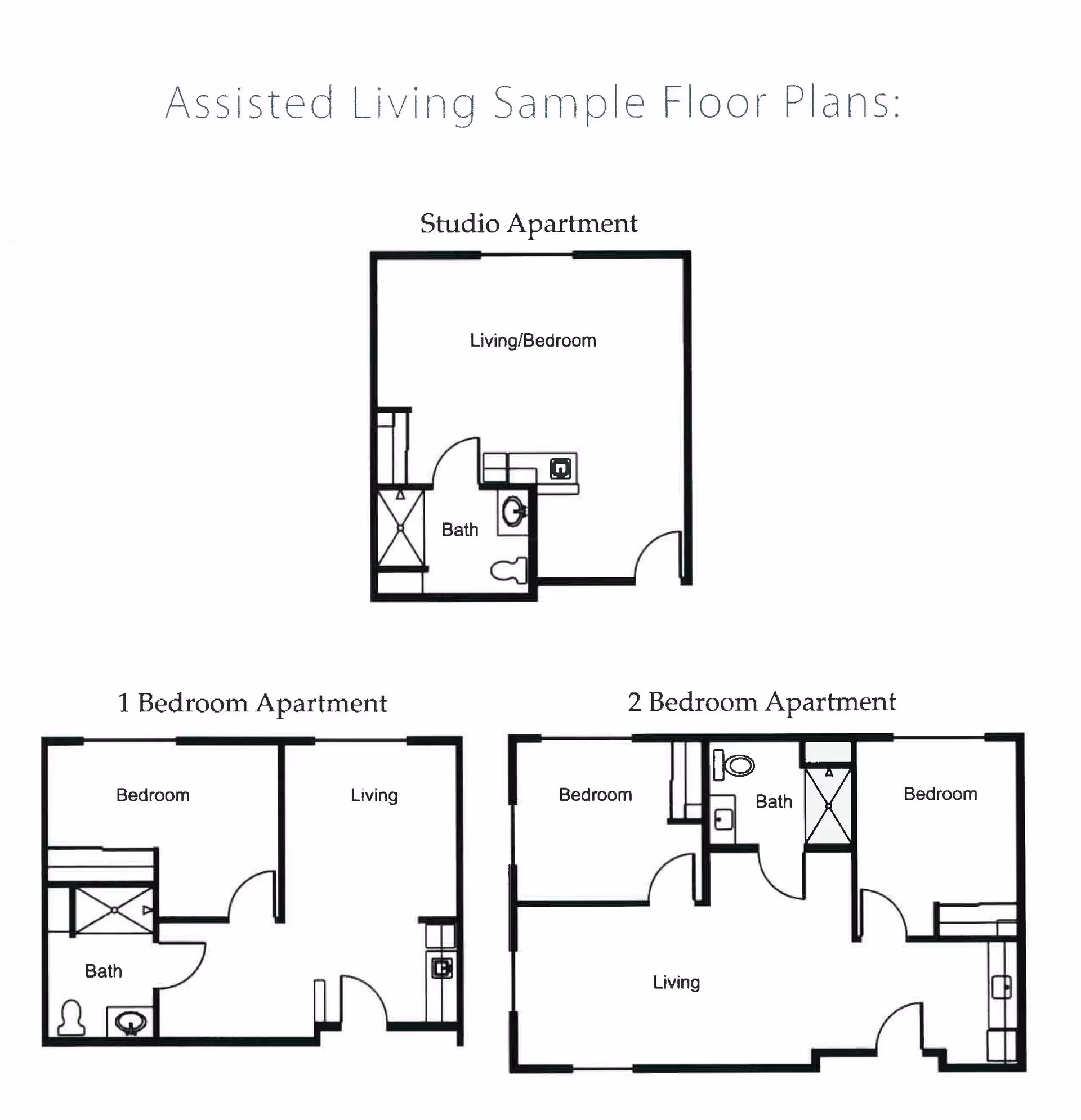 Floor plans for assisted living apartments at Normandy Park Senior Living, showing layouts for a studio apartment with combined living/bedroom and bath, a one-bedroom apartment with separate bedroom, living area, kitchen, and bath, and a two-bedroom apartment with two bedrooms, living area, kitchen, and bath.