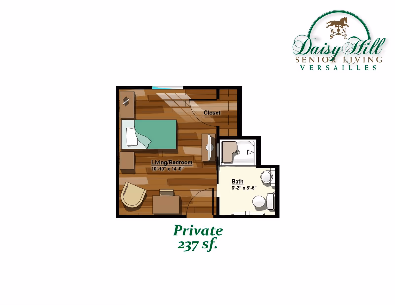 Floor plan of a private 237 square feet senior living unit at Daisy Hill Senior Living, showing a combined living and bedroom area with a bed, chair, desk, and closet, along with a separate bathroom including a shower, toilet, and sink.