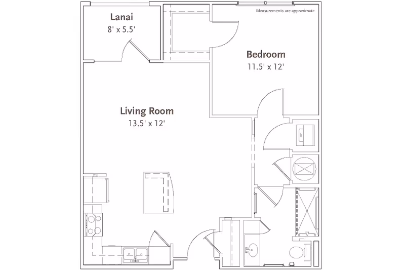 Floor plan of a living space at Sandalwood Village showing a living room measuring 13.5 by 12 feet, a bedroom measuring 11.5 by 12 feet, a lanai measuring 8 by 5.5 feet, a kitchen area, and a bathroom with a shower, toilet, and sink.