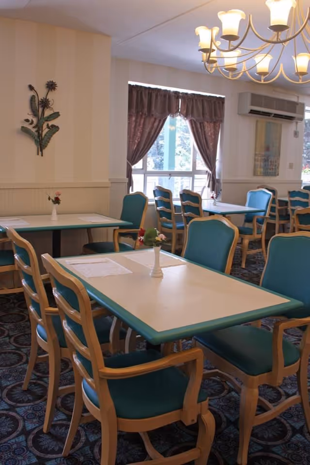A dining room in a senior living facility with multiple tables and chairs. The tables have white tops with teal edges, and the chairs have wooden frames with teal cushions. There are small flower vases on the tables. A window with purple curtains lets in natural light, and a chandelier with multiple lights hangs from the ceiling. The room has a patterned carpet and light-colored walls with some wall decorations.