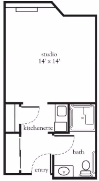 Floor plan of a studio apartment at Atria Summit Ridge showing a 14 by 14 feet studio room, a kitchenette, an entry area, and a bathroom with a toilet, sink, and shower.