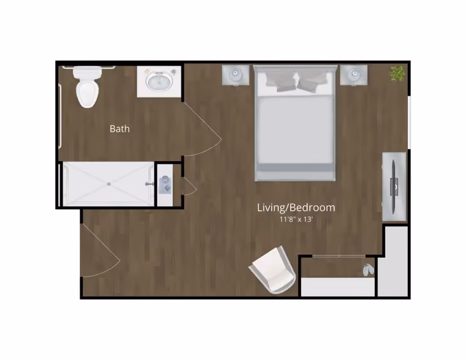 Floor plan of a studio apartment at The Avaline at River Oaks showing a combined living and bedroom area measuring 11 feet 8 inches by 13 feet, with a bed, two nightstands, a chair, a TV on a stand, and a small closet. The bathroom includes a toilet, sink, and bathtub.