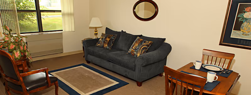 A cozy living room area with a dark gray sofa adorned with patterned cushions, a wooden armchair with dark cushions, a small wooden dining table set with two place settings including plates and mugs, a floor lamp with a white shade, a round mirror on the wall, a framed floral painting, a rectangular rug with blue and beige tones, and a window with vertical blinds letting in natural light.