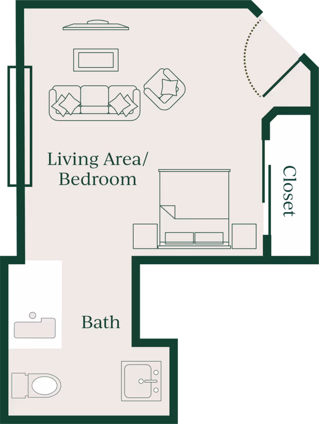 Floor plan of a living area/bedroom with a sofa, armchair, bed, two nightstands, a closet, and a bathroom with a toilet, sink, and bathtub.