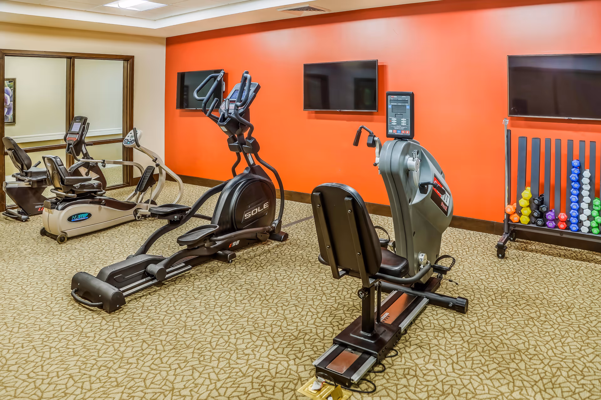 A fitness room with exercise equipment including a recumbent bike, elliptical machine, and rowing machine. The room has a patterned carpet, an orange accent wall with two mounted flat-screen TVs, and a rack of colorful dumbbells. There is a large mirror on one wall reflecting part of the room.