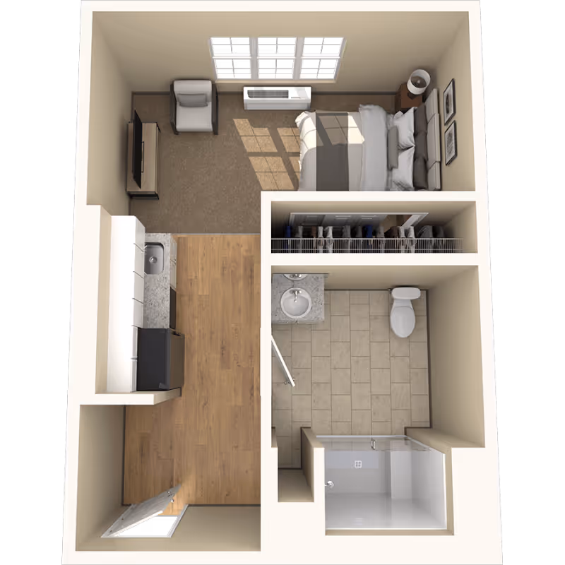 Top-down 3D floor plan of a studio apartment showing a combined living/bedroom, kitchenette, closet, and bathroom with shower.