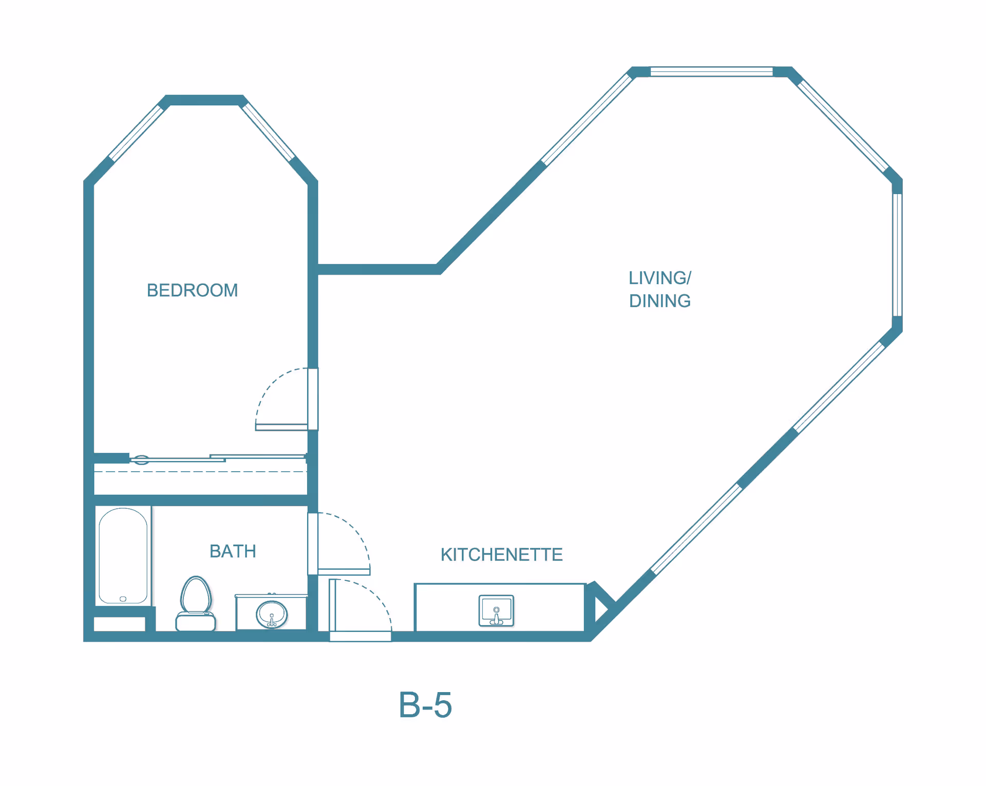 Floor plan labeled B-5 showing a layout with a bedroom, bath, kitchenette, and a combined living/dining area. The bedroom has an angled wall with windows, the bath includes a bathtub, toilet, and sink, and the kitchenette has a sink. The living/dining area is spacious with multiple windows.