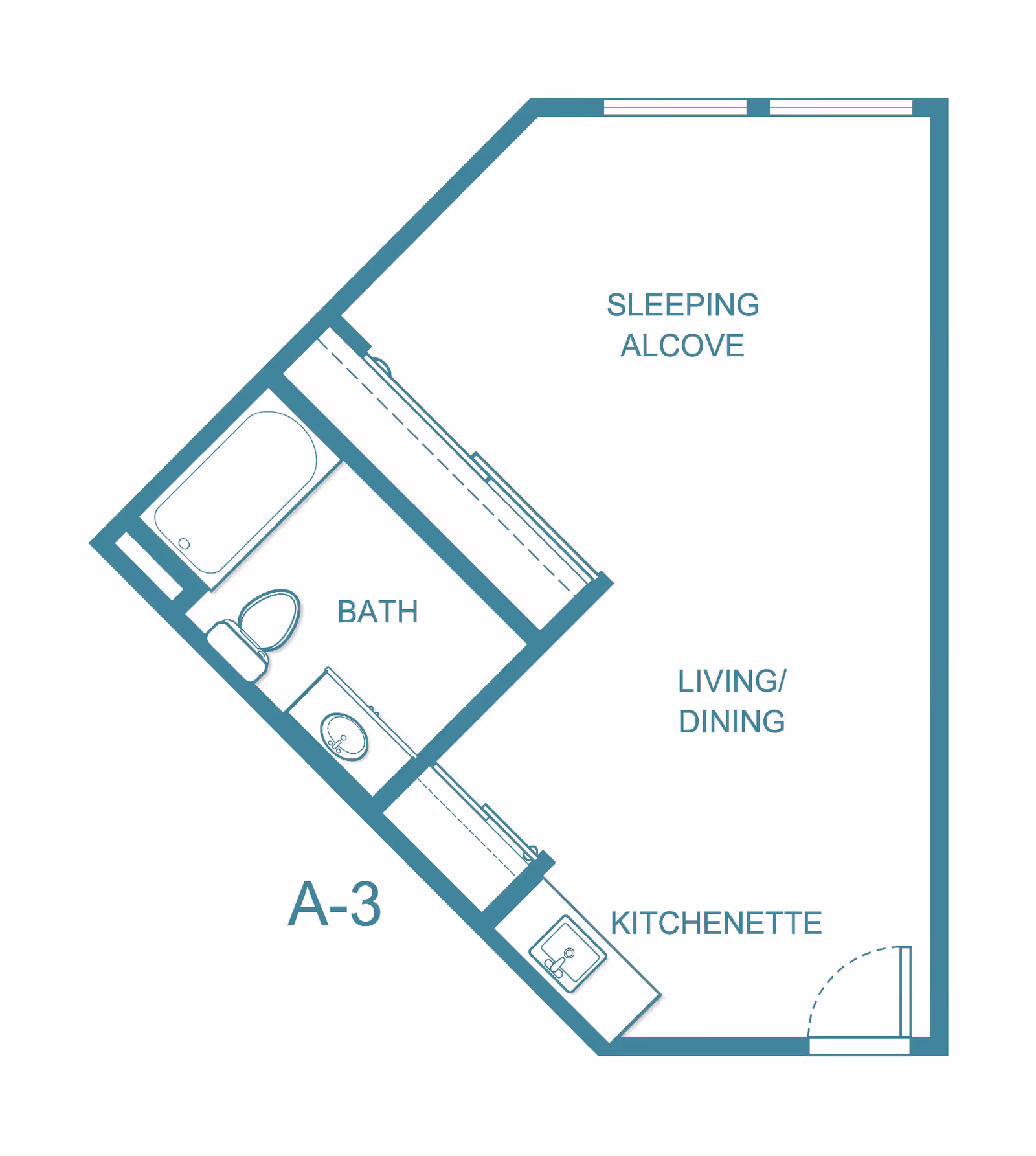 Floor plan layout of an apartment unit labeled A-3 at Asher Point Independent Living of Montgomery, showing a sleeping alcove, living/dining area, kitchenette, and a bathroom with a bathtub, toilet, and sink.