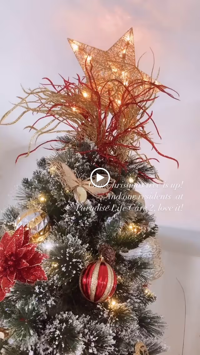 A decorated Christmas tree with a glowing star topper, red and gold ornaments, red and gold decorative branches, and snow-flocked pine needles.