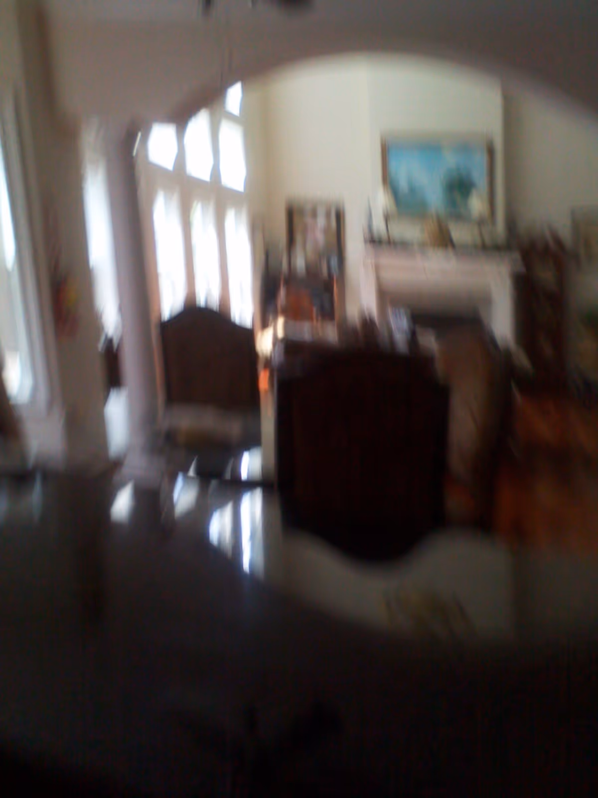 Blurry interior view of a living room with large windows letting in natural light, several chairs, a fireplace with a painting above it, and various pieces of furniture.