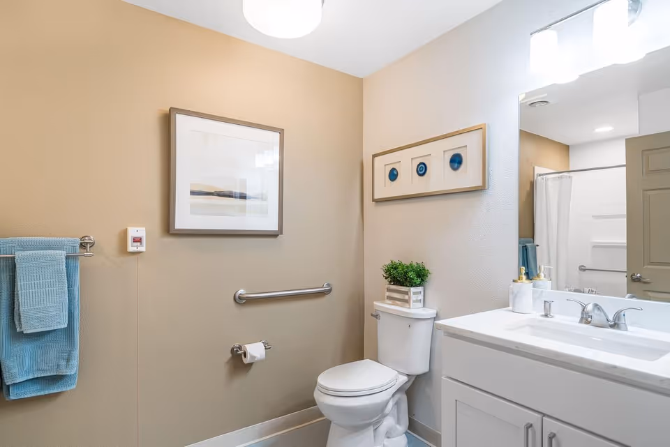 A clean and well-lit bathroom featuring a white toilet with a small green plant on top, a white vanity with a sink and faucet, a large mirror above the sink, and a towel rack with blue towels on the left wall. The walls are painted beige and decorated with two framed pictures. A shower curtain and grab bars are visible in the reflection of the mirror.