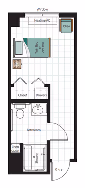 Floor plan of a senior living unit at Belmont Village Senior Living Calabasas showing an entry leading to a combined bedroom and living area with a twin bed/day bed, night stand, chair, closet, and drawers. The unit includes a bathroom with a toilet, sink, shower, and linen closet. There is a window and a heating/AC unit in the bedroom area.