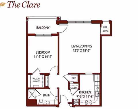 Floor plan of an apartment named The Clare showing a bedroom with walk-in closet, bathroom, balcony, living/dining area, kitchen, and mechanical room.