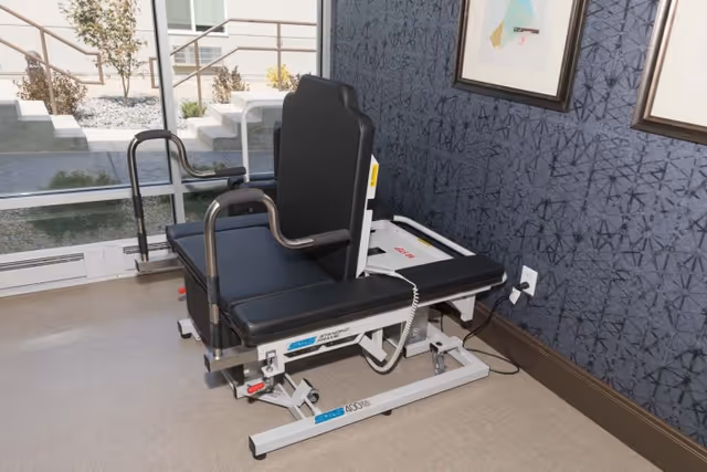 A black padded medical transfer chair sits in a carpeted interior room by a large window with patterned wallpaper and framed artwork.