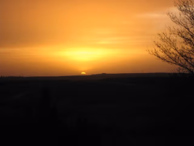 A landscape view of a sunset with the sun partially below the horizon, casting an orange glow across the sky. Silhouettes of trees and distant land are visible in the foreground and background.