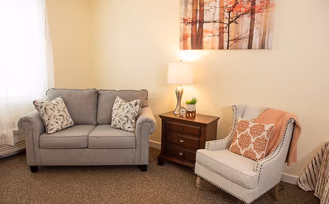 A cozy sitting area with a gray loveseat adorned with two patterned pillows, a wooden side table with a lamp, small plant, and clock, and a beige armchair with a decorative pillow and a pink throw blanket. A framed artwork of autumn trees hangs on the wall above the side table.