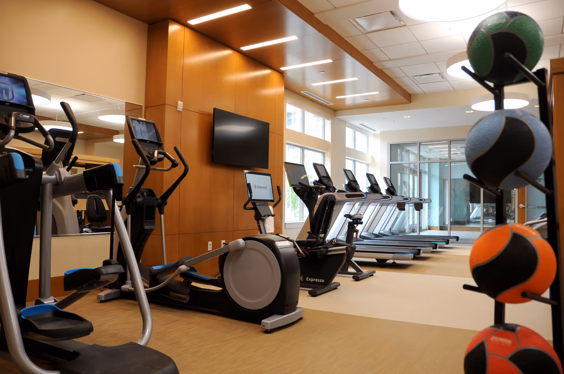 A modern fitness room with exercise equipment including elliptical machines, stationary bikes, and treadmills. Medicine balls are stacked on a rack in the foreground. The room has large windows letting in natural light and a wall-mounted TV.