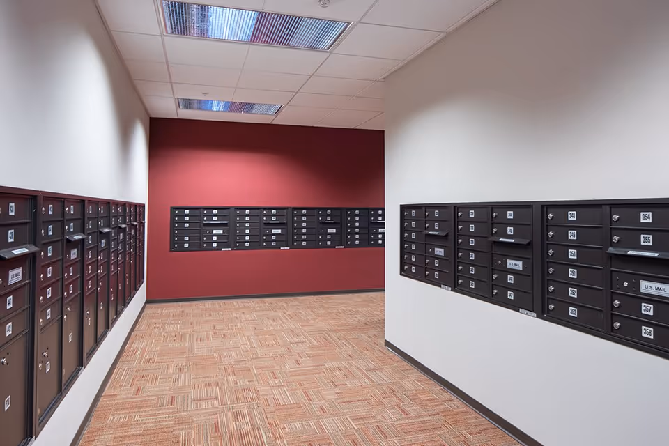 Interior hallway with multiple rows of black mailboxes mounted on white and red walls, with a patterned carpet floor and fluorescent ceiling lights.