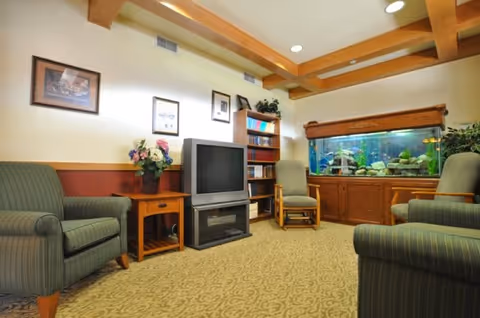 A cozy living room area with striped armchairs, a wooden side table with a flower vase, a television on a stand, a bookshelf with books and decorative items, and a large aquarium filled with water, rocks, and plants. The room has a beige carpet, wooden ceiling beams, and framed pictures on the wall.