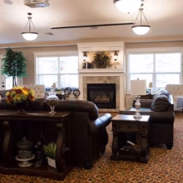 A cozy living room with a fireplace centered between two large windows. The room features dark leather sofas, a wooden coffee table with a lamp, a side table with decorative items, and a patterned carpet. There is a tall green plant in the corner and soft lighting from ceiling fixtures.