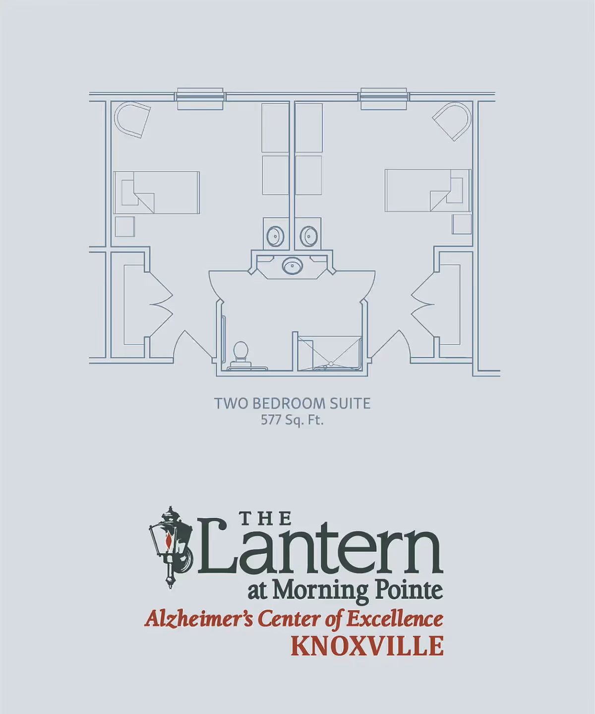 Architectural floor plan of a two-bedroom suite measuring 577 square feet, showing two bedrooms, a shared bathroom with two sinks, a toilet, and a shower area.