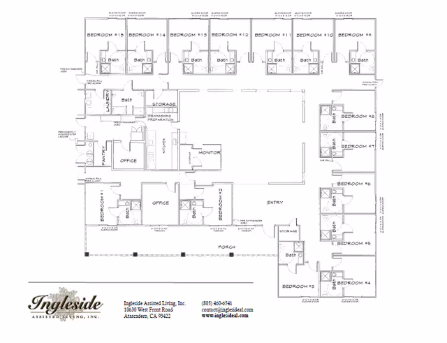 Black-and-white floor plan of Ingleside Assisted Living showing labeled bedrooms, offices, entry, porch and central open area.