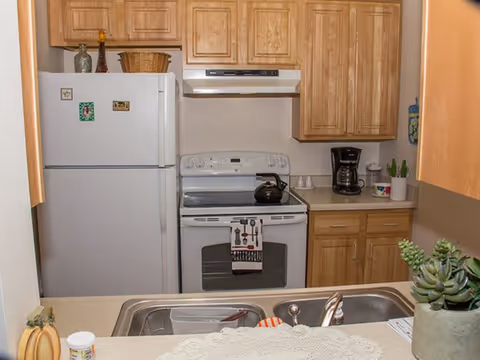 Compact kitchen featuring a white refrigerator and electric stove beneath wooden cabinets, a sink in the foreground, and a coffee maker on the counter.