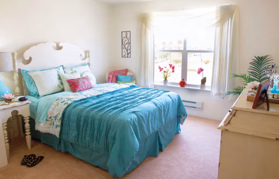 A bright bedroom with a teal-covered bed, decorative pillows, a window sill with potted flowers, a nightstand and a dresser.