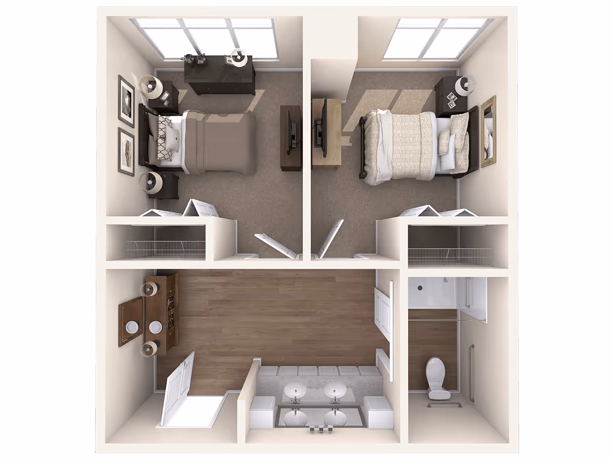 Top-down view of a two-bedroom apartment floor plan with two separate bedrooms, each furnished with a bed, nightstands, and a dresser. The layout includes a bathroom with a toilet and shower, and a vanity area with two sinks. The flooring in the main area is wood, while the bedrooms are carpeted.