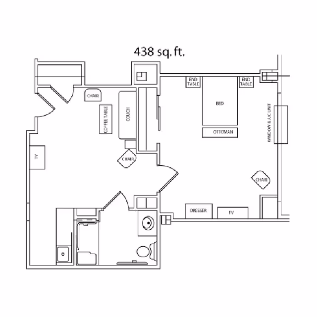 Black-and-white floor plan labeled 438 sq. ft. showing a living area, bedroom, kitchen and bathroom with furniture annotations.
