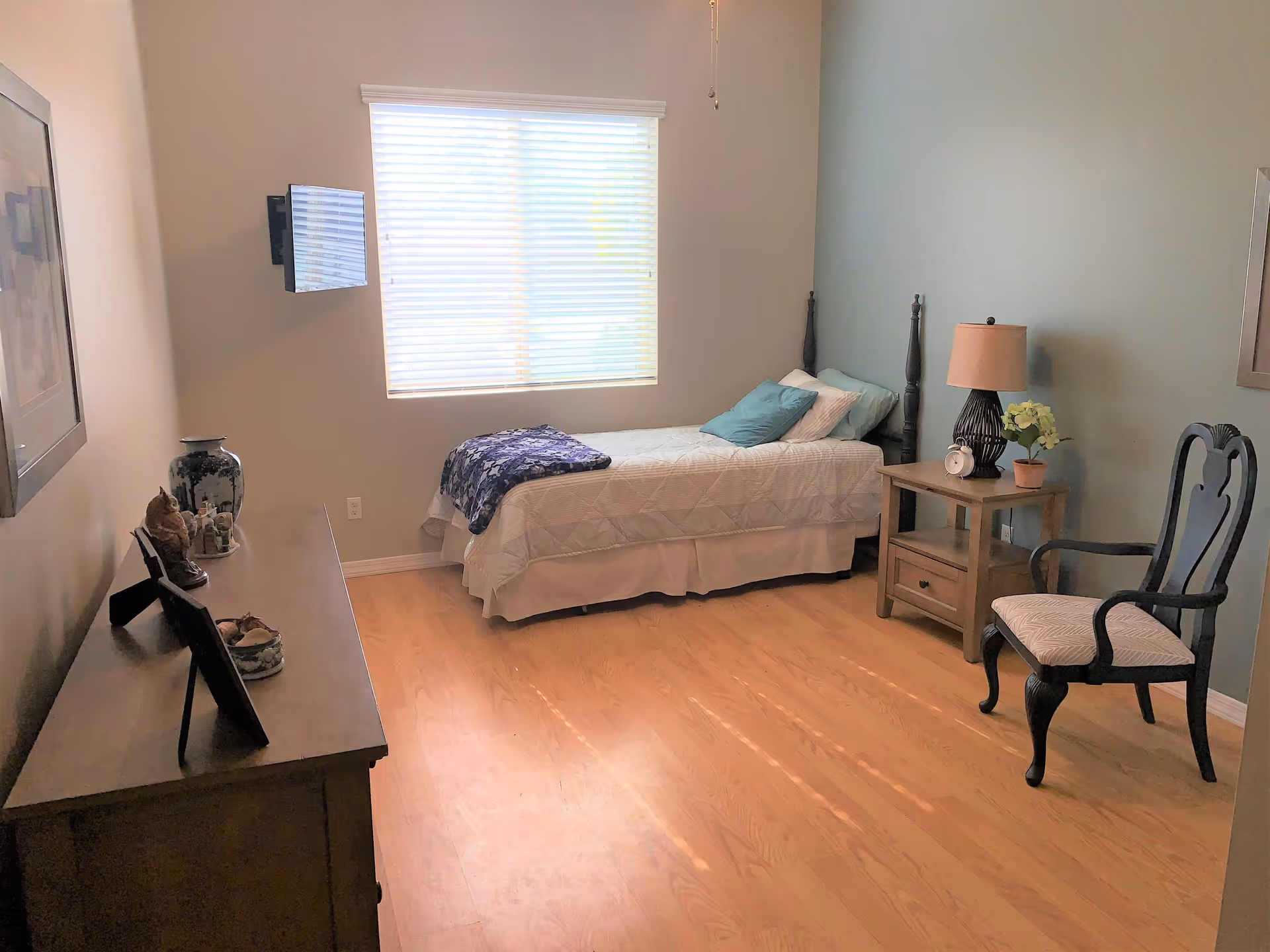 A small, neatly arranged bedroom with a single bed against a light blue accent wall. The bed has white bedding with a blue throw blanket and pillows. Next to the bed is a wooden nightstand with a lamp, a small clock, and a potted plant. There is a wooden chair with a cushioned seat near the nightstand. Across from the bed is a wooden dresser with decorative items and framed photos. A window with white blinds allows natural light to fill the room, and a flat-screen TV is mounted on the wall beside the window. The floor is light wood.