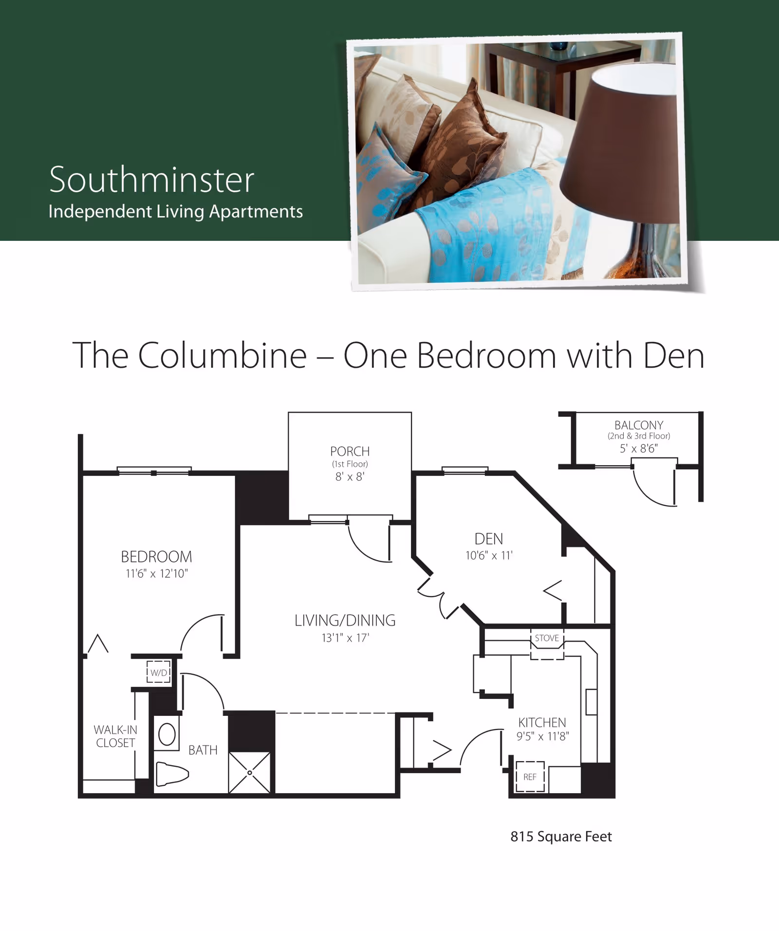 Floor plan of The Columbine, a one-bedroom apartment with a den, porch, balcony, living/dining area, kitchen, bathroom, and walk-in closet.