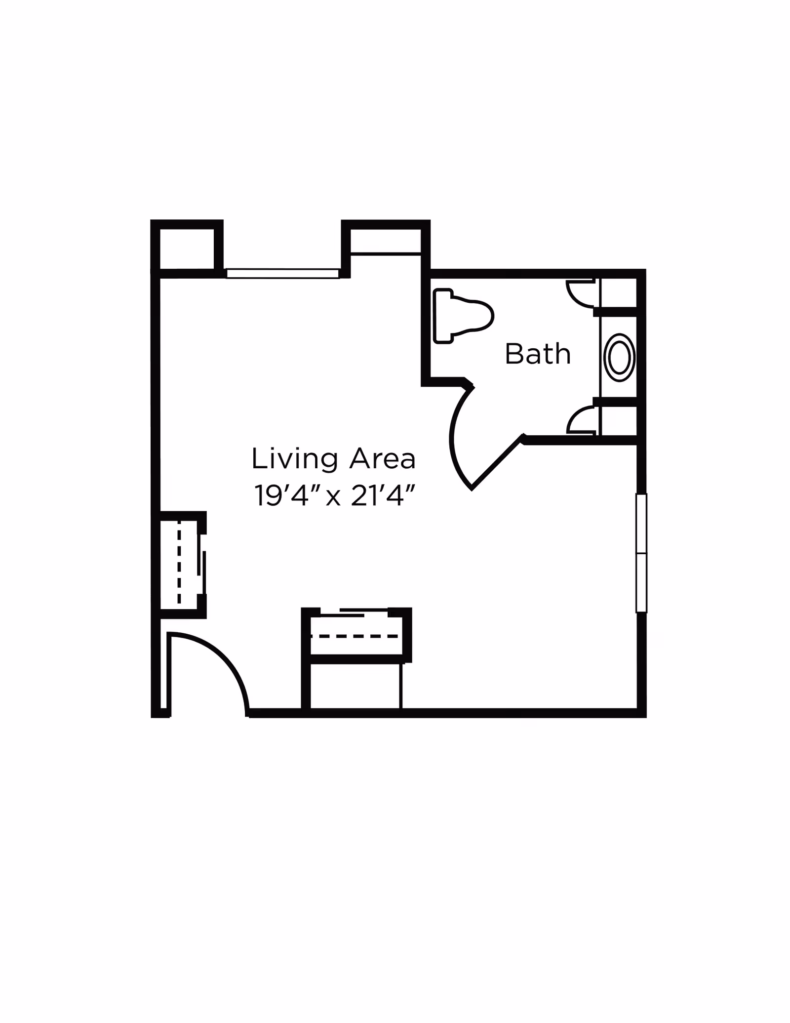 Architectural floor plan showing a living area measuring 19 feet 4 inches by 21 feet 4 inches, with an adjacent bathroom containing a toilet and a sink.