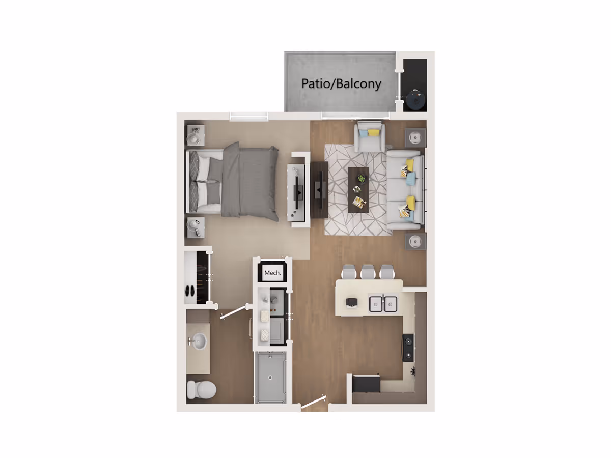 Floor plan of a one-bedroom apartment featuring a bedroom with a bed and nightstands, a bathroom with a sink, toilet, and shower, a kitchen with a sink, stove, and counter seating for three, a living room with a sofa, armchair, coffee table, and TV, and a patio/balcony area.