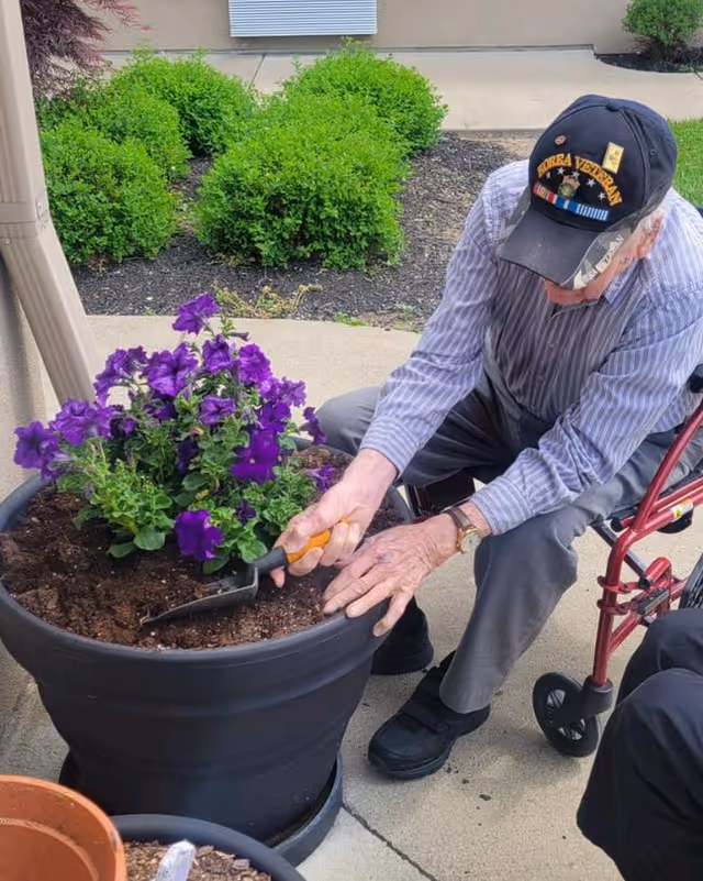 An elderly man wearing a Korea Veteran cap and striped shirt is gardening outdoors, using a small hand trowel to tend to purple flowers planted in a large black pot. He is seated on a red walker with a seat, and there are green bushes and a building wall in the background.