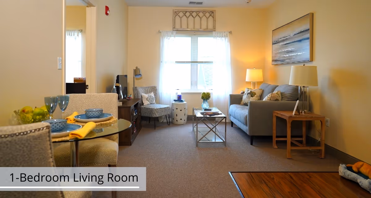 A cozy living room in a 1-bedroom senior living apartment featuring a gray sofa with decorative pillows, a wooden side table with a lamp, a glass coffee table with a vase of flowers, a patterned armchair, a TV on a wooden stand, and a small dining area with a glass table set with blue dishes and yellow napkins. The room is softly lit with natural light coming through a window with sheer white curtains.