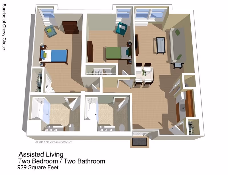 3D floor plan of an assisted living apartment at Sunrise of Chevy Chase featuring two bedrooms, two bathrooms, a living room, dining area, and kitchen, covering 929 square feet.