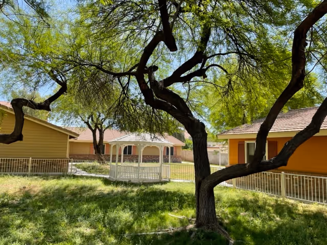 Outdoor view of a senior living facility courtyard with green grass, several trees providing shade, a white gazebo in the center, and single-story buildings with yellow and orange siding surrounding the area.