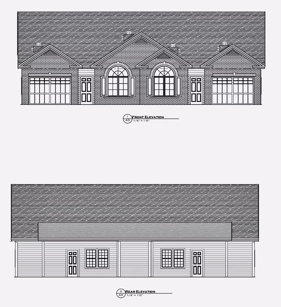 Architectural drawings showing the front and rear elevation views of a residential building with brick facade on the front and siding on the rear, featuring multiple doors, windows, and a gabled roof.