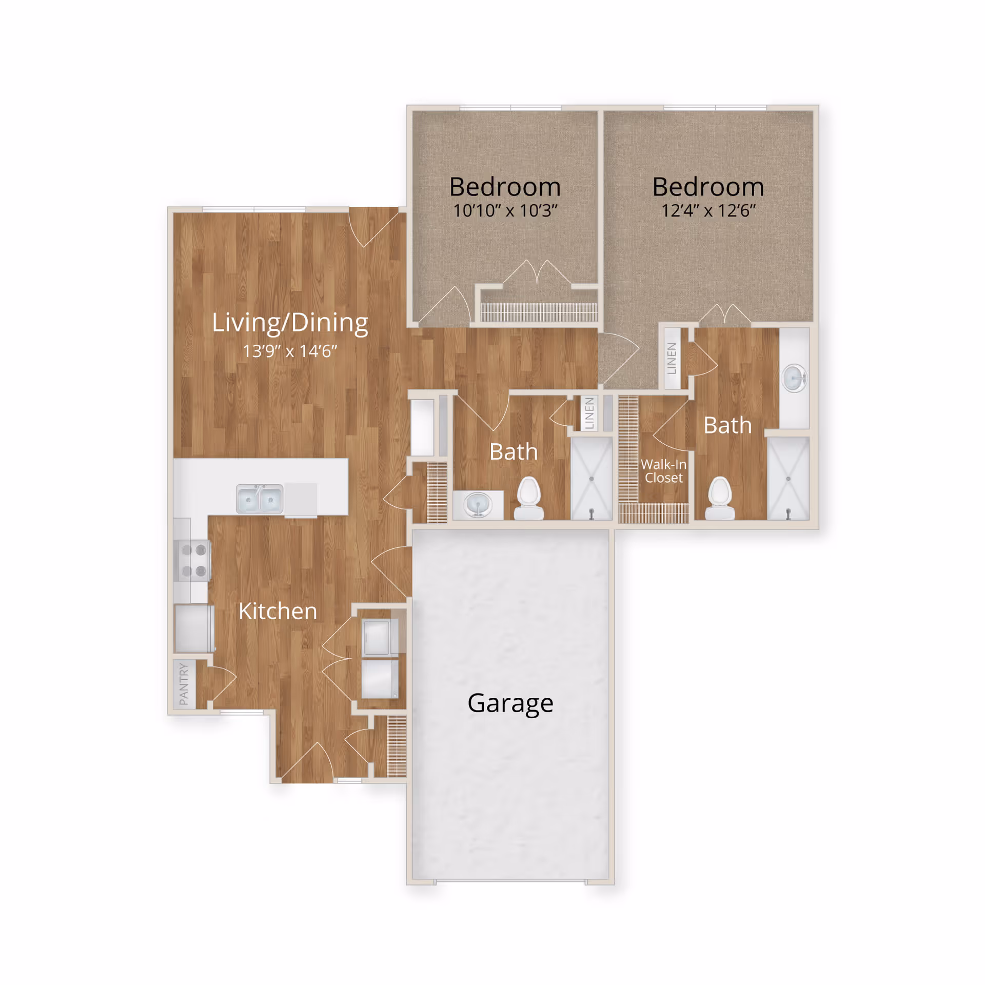 Floor plan of a residential unit showing two bedrooms, two bathrooms, a combined living and dining area, a kitchen with pantry, and a garage. The bedrooms have dimensions labeled, and one bedroom includes a walk-in closet. The living/dining area and kitchen have wood flooring, while the bedrooms are carpeted.