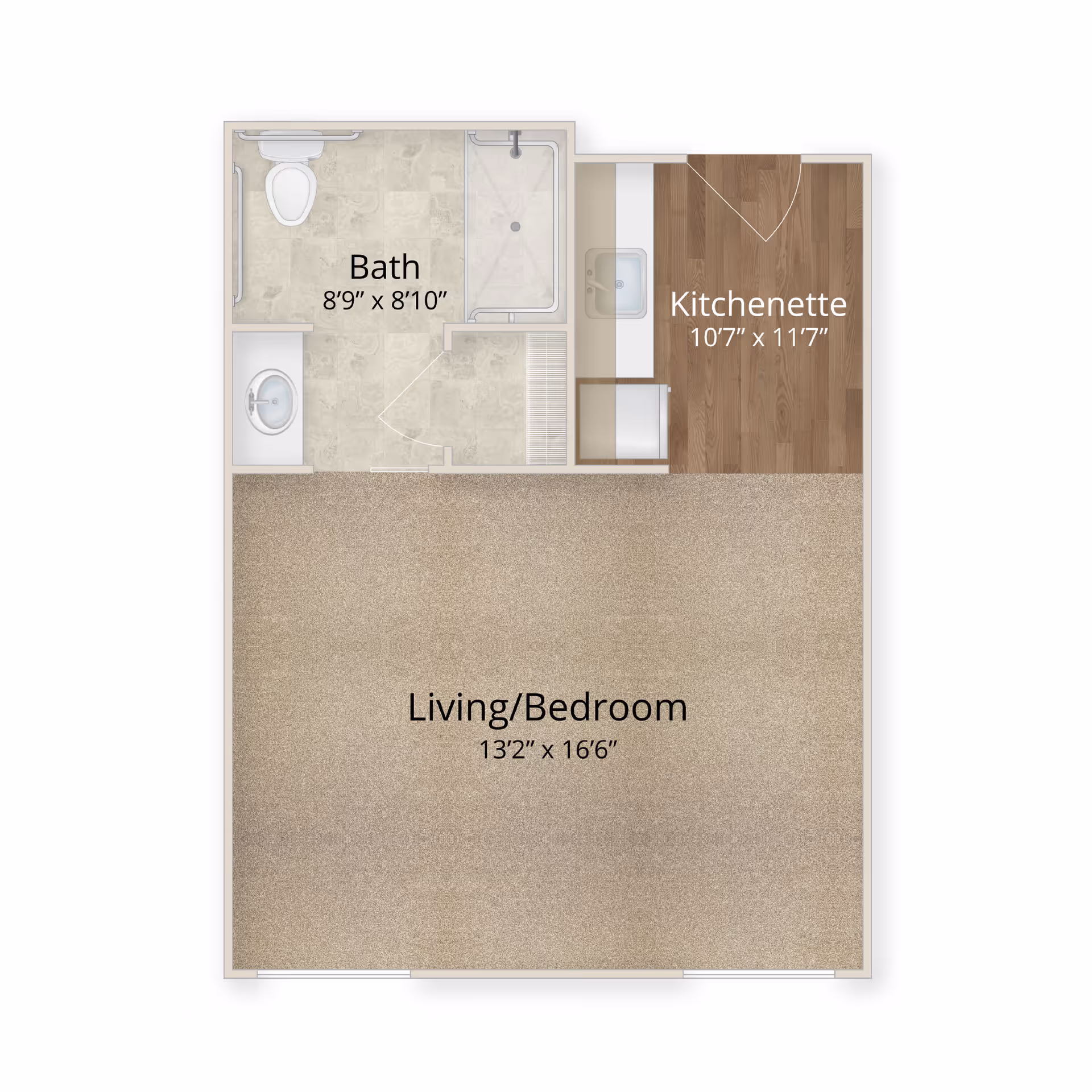 Floor plan of a living space at Elk Creek Assisted Living and Memory Care showing a bath area with toilet, sink, and shower, a kitchenette with sink and counter space, and a combined living and bedroom area with carpeted flooring.