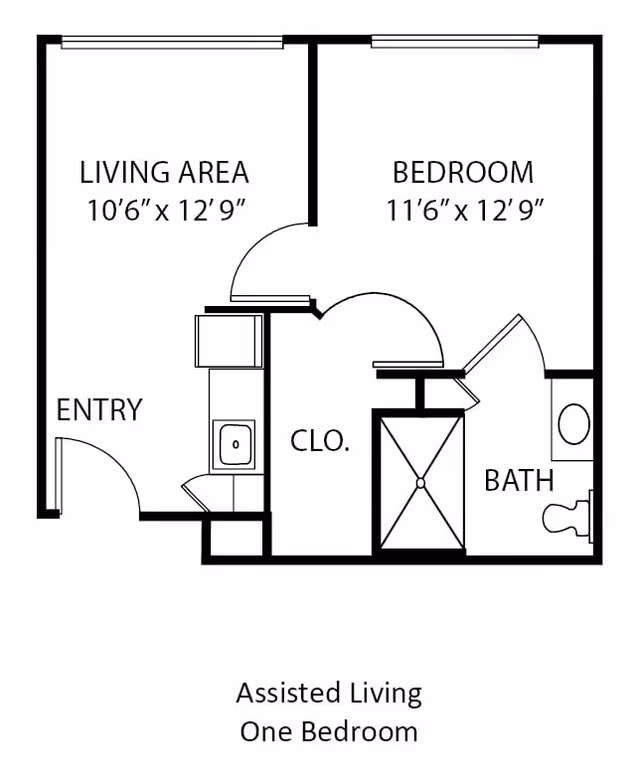 Floor plan of an assisted living one-bedroom unit at Canton Regency, showing a living area measuring 10 feet 6 inches by 12 feet 9 inches, a bedroom measuring 11 feet 6 inches by 12 feet 9 inches, an entry area, a closet, and a bathroom with a shower and toilet.