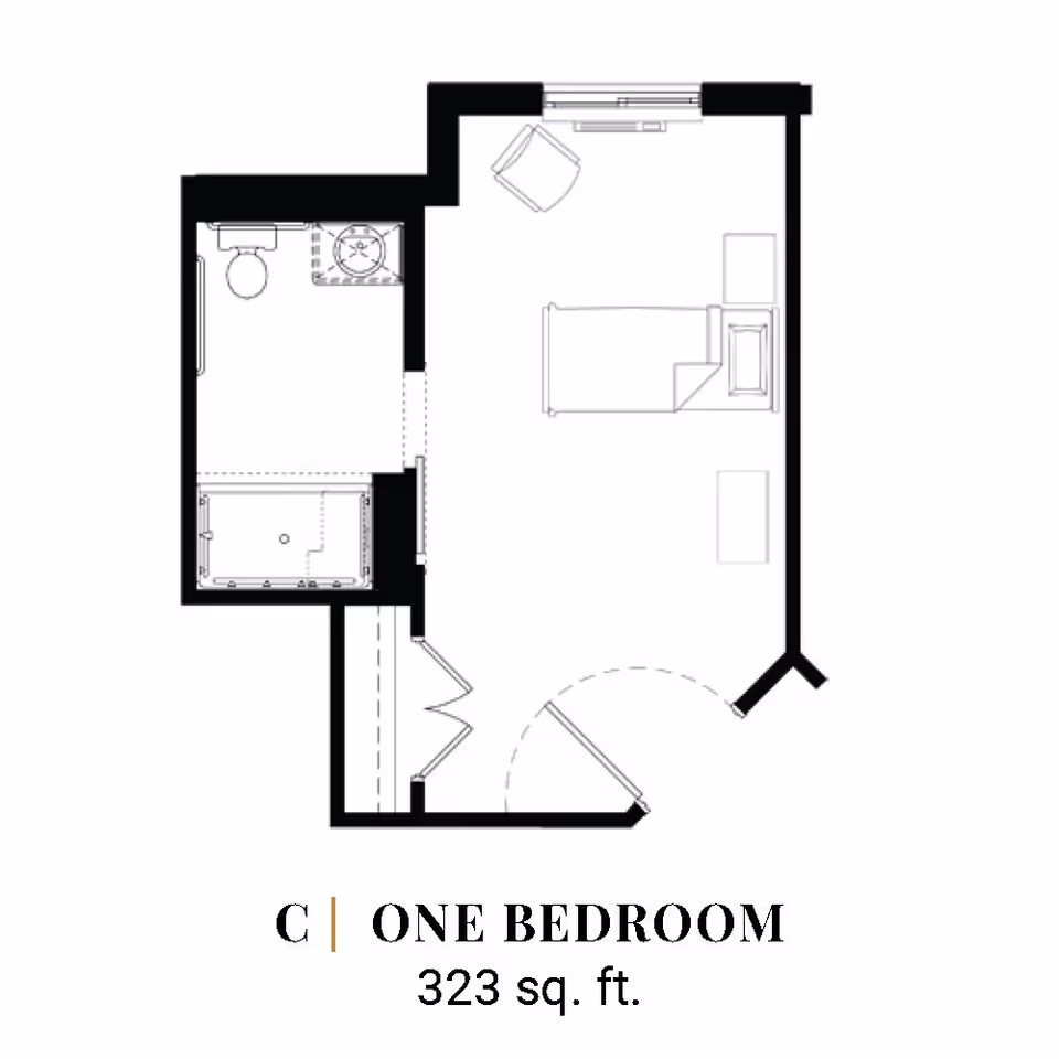 Black-and-white floor plan of a one-bedroom 323 sq. ft. apartment showing the bedroom, bathroom, entryway, and furniture layout.