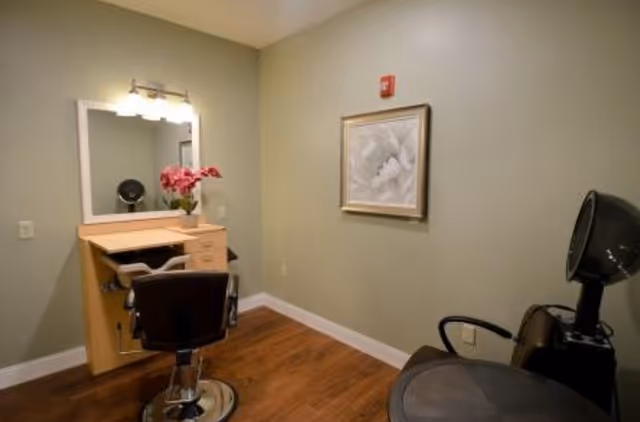 A small salon or beauty station inside a room with light green walls and wooden flooring. The room features a wooden vanity with a mirror, a black salon chair, a hair dryer chair, a framed floral artwork on the wall, and a light fixture above the mirror.