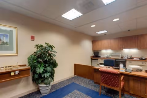 An interior office space with a wooden desk and a red cushioned chair. The desk has office supplies, a computer monitor, and a telephone. There is a large potted plant against the wall, a framed picture hanging on the wall, and overhead fluorescent lighting.
