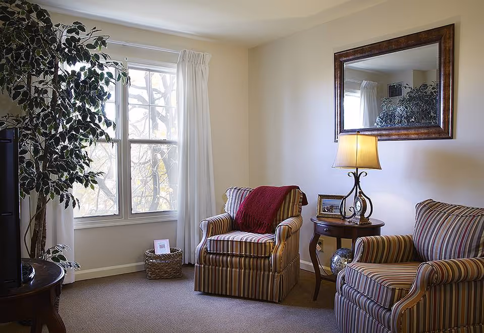 A cozy living room area with two striped armchairs, one draped with a red throw blanket, a wooden side table with a lamp and a framed photo, a large mirror on the wall, a window with white curtains, and a tall leafy plant near the window.